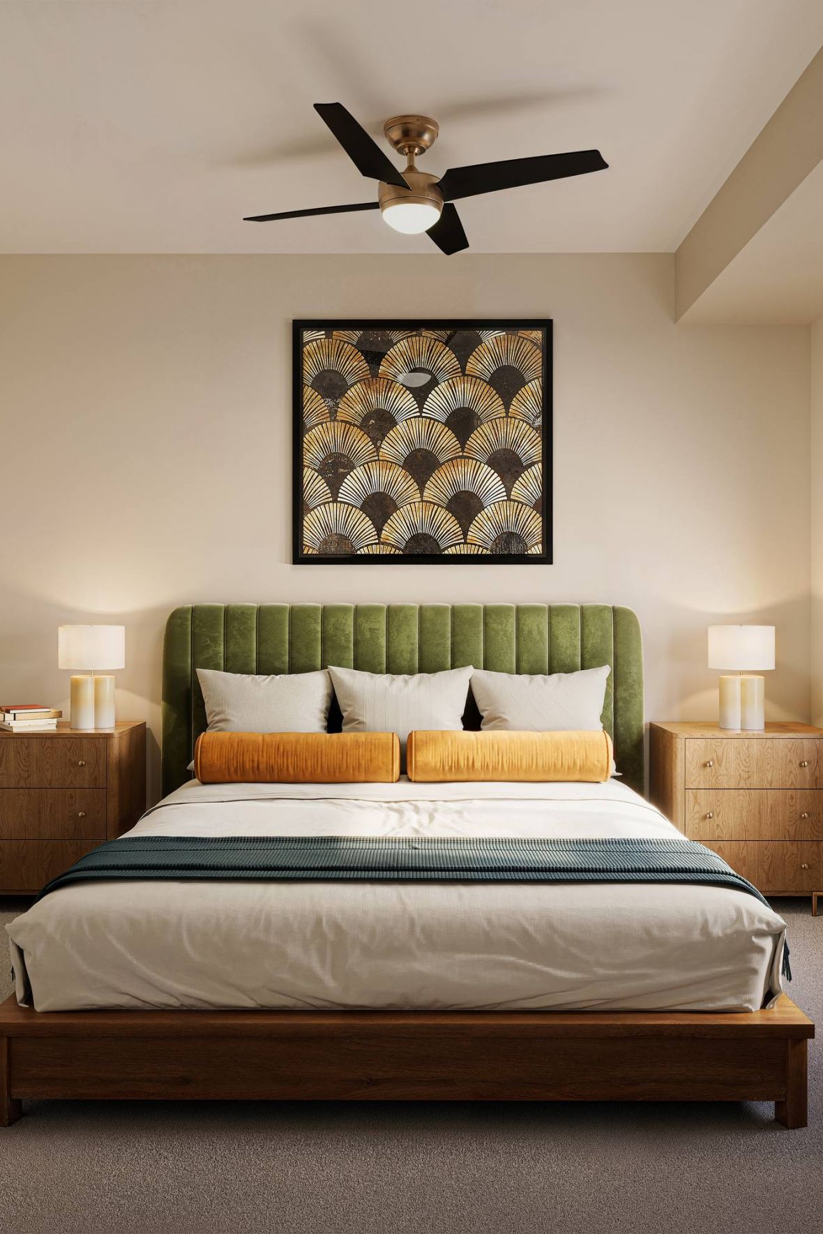 Modern bedroom with a green headboard, wooden furniture, lamps, and a large window letting in natural light at Harlow apartments.